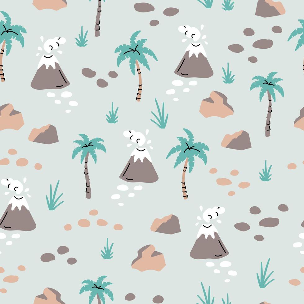 Seamless pattern with hand drawn volcanoes, palms, stones, leaves in scandinavian style vector