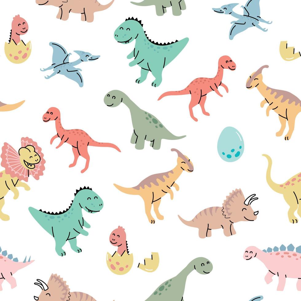 Seamless pattern with hand drawn dinosaurs in scandinavian style. vector