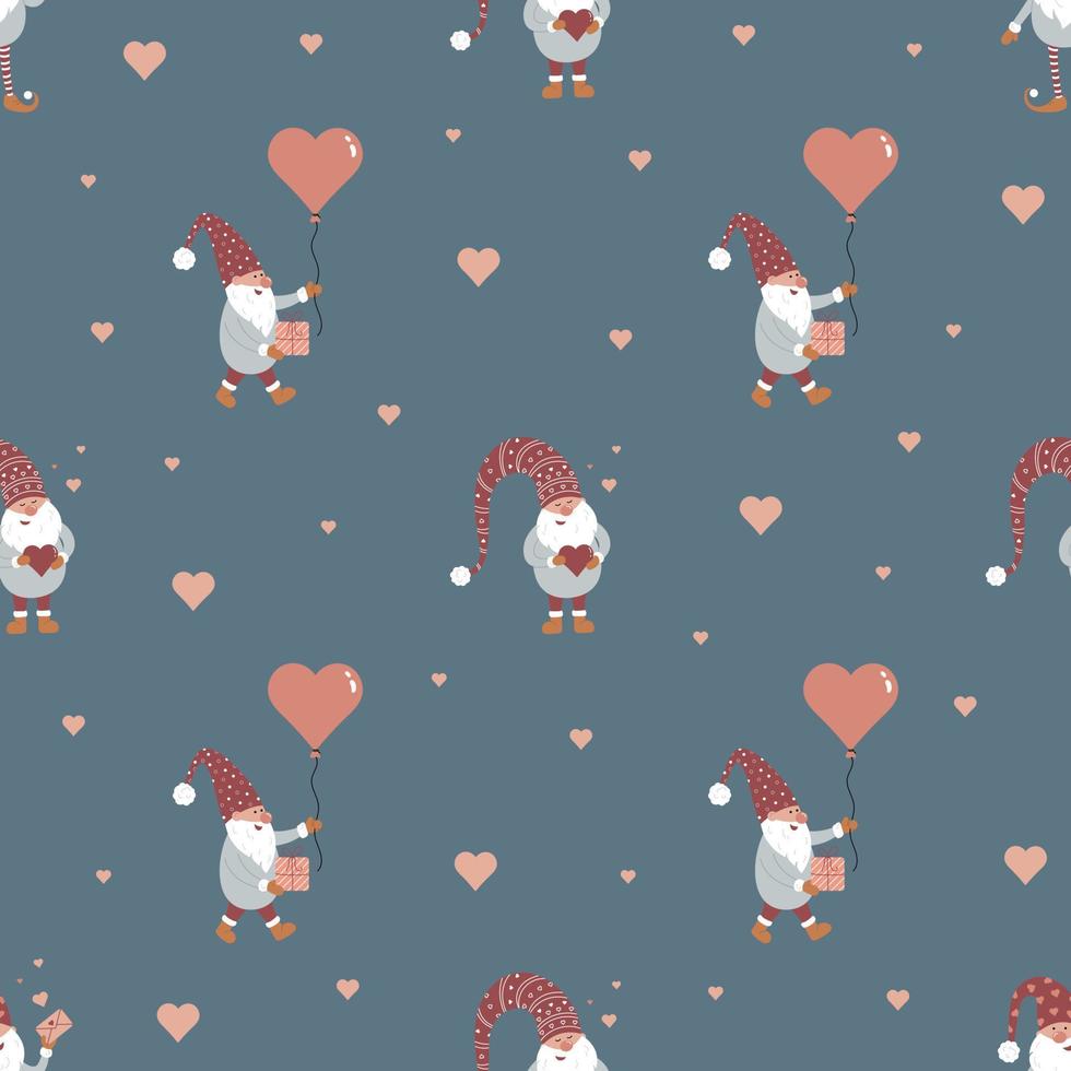 Seamless cute pattern with scandinavian gnomes. Happy Valentines day. Love. vector