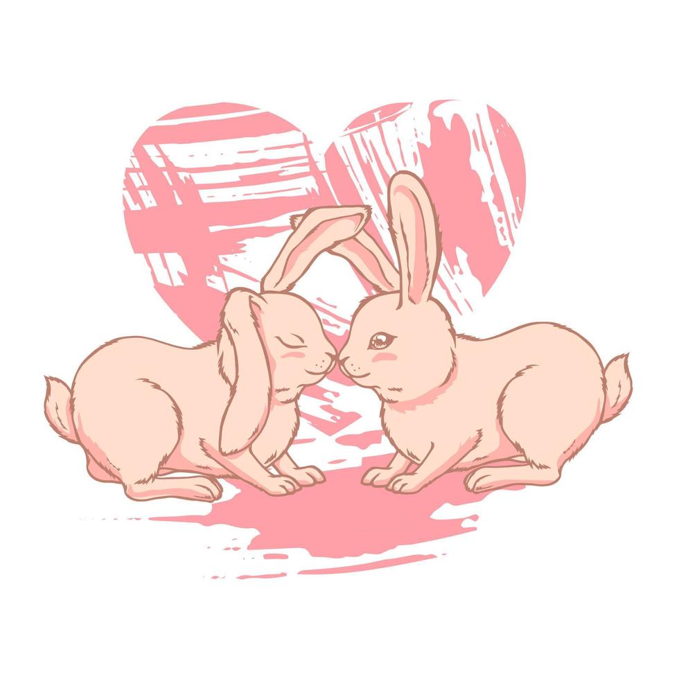 Two cute romantic pink rabbits are sitting on the background of the heart. vector