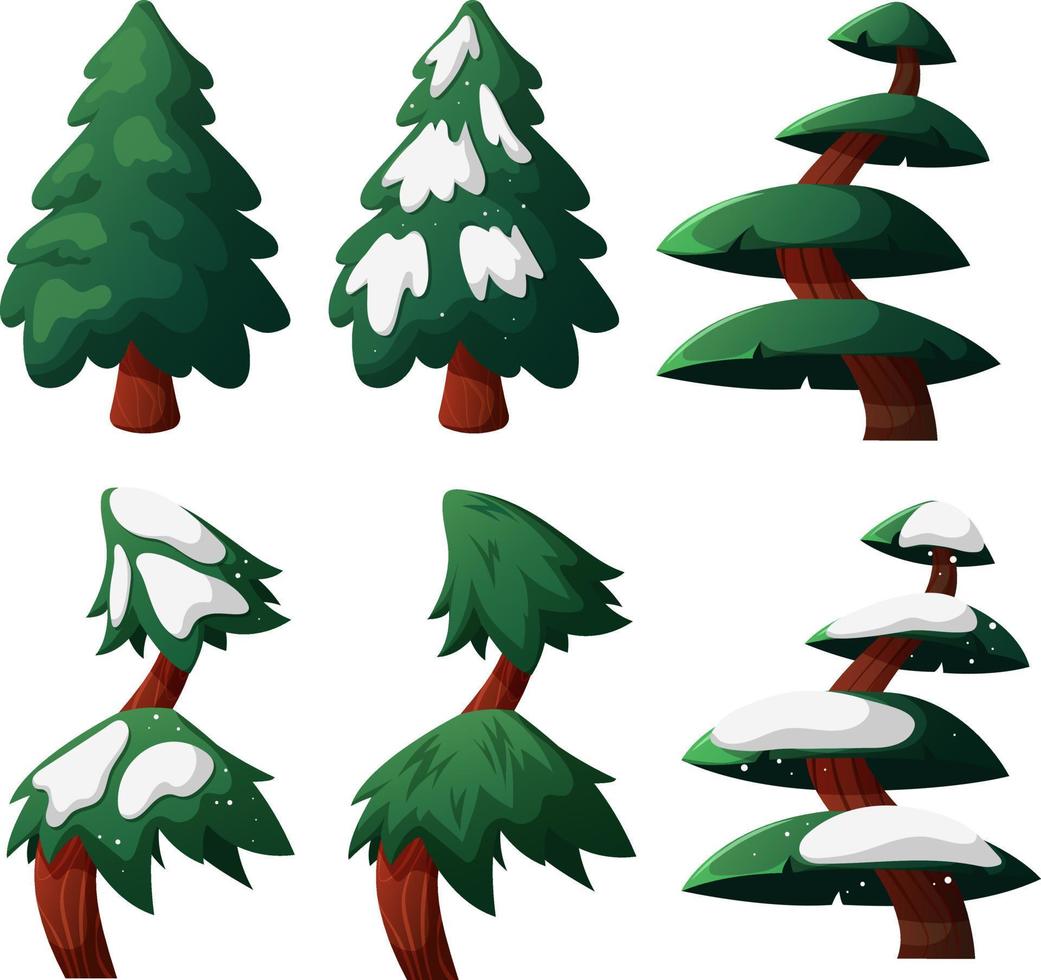 Set of Christmas trees, fir trees on a transparent background with snow and without snow vector