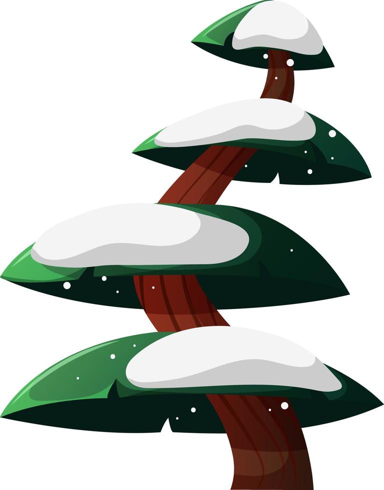 Cartoon-style pine tree with curved trunk with snow on transparent background 2 vector