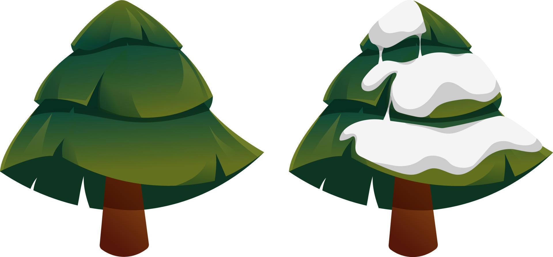 gran árbol de navidad en estilo de dibujos animados con y sin nieve aislado vector