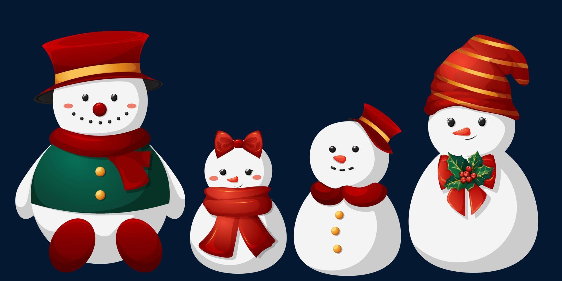 familia de lindos muñecos de nieve al estilo de dibujos animados para niños. mamá, papá, hermano y hermana muñecos de nieve vector