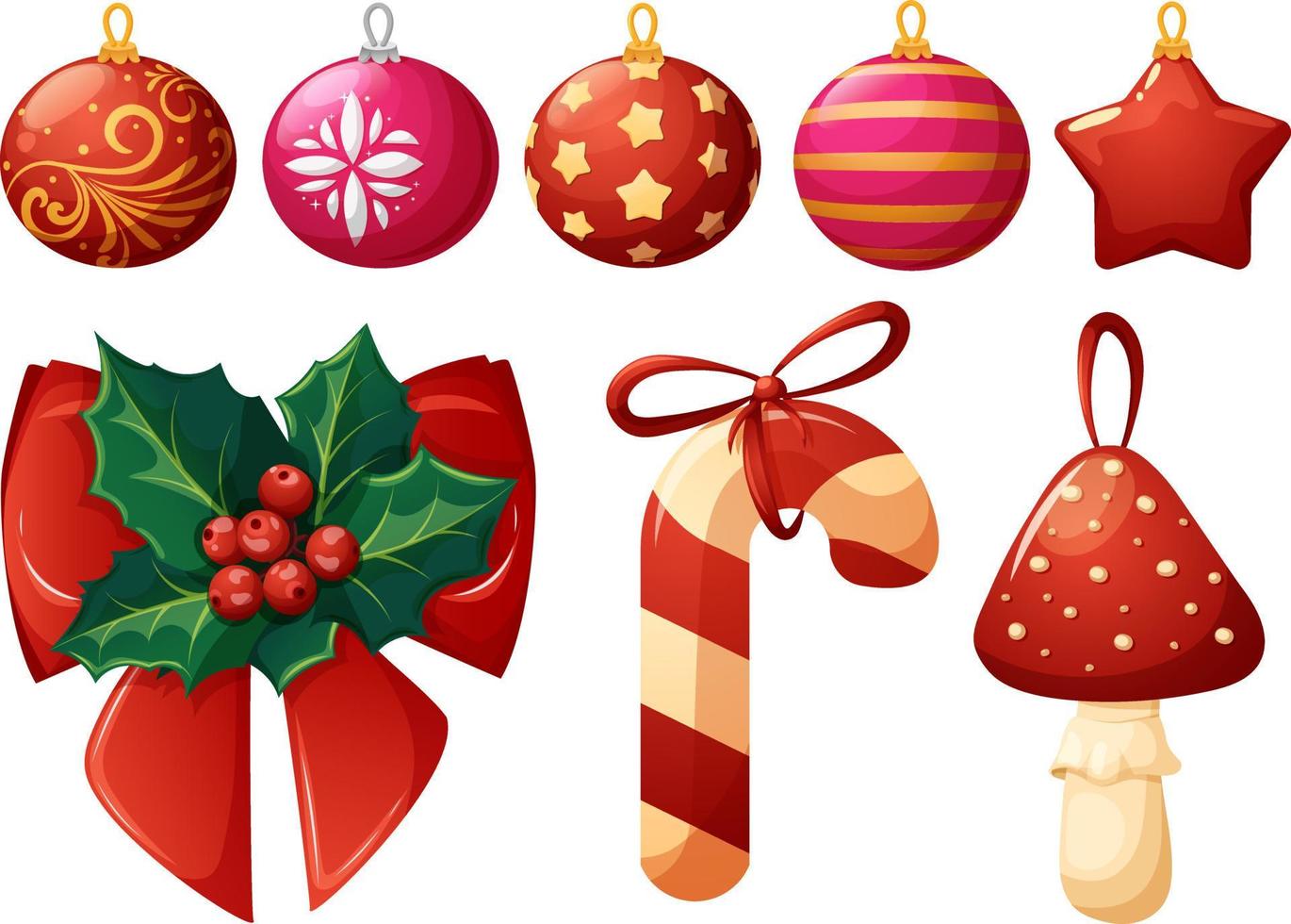 conjunto de juguetes, bolas y decoraciones de árbol de navidad rojo vector