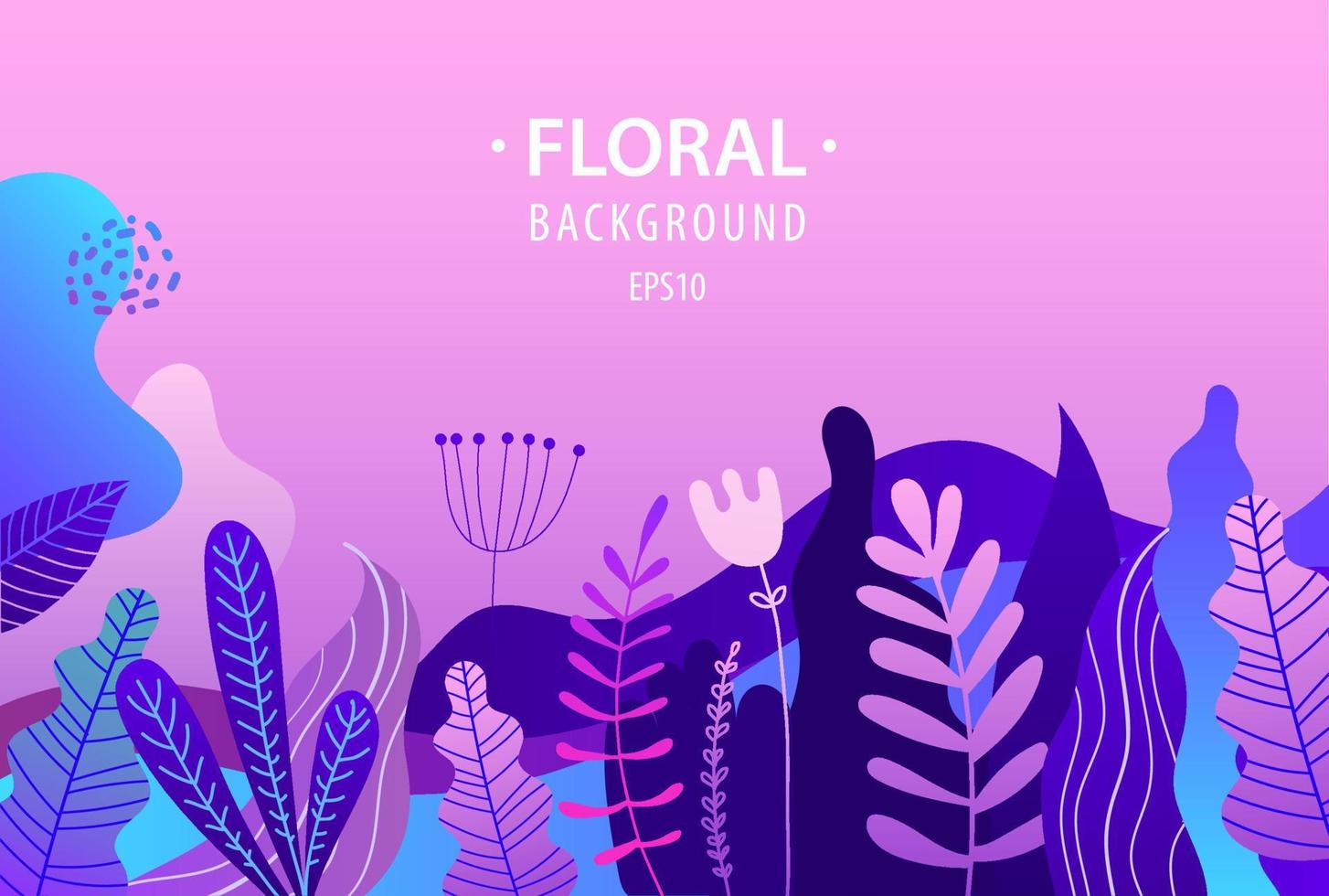 Vector flat illustration, banner with florals, leaves, flowers, sky. Bright vibrant gradient colors, background for web, landing, cosmetics, packaging, posters