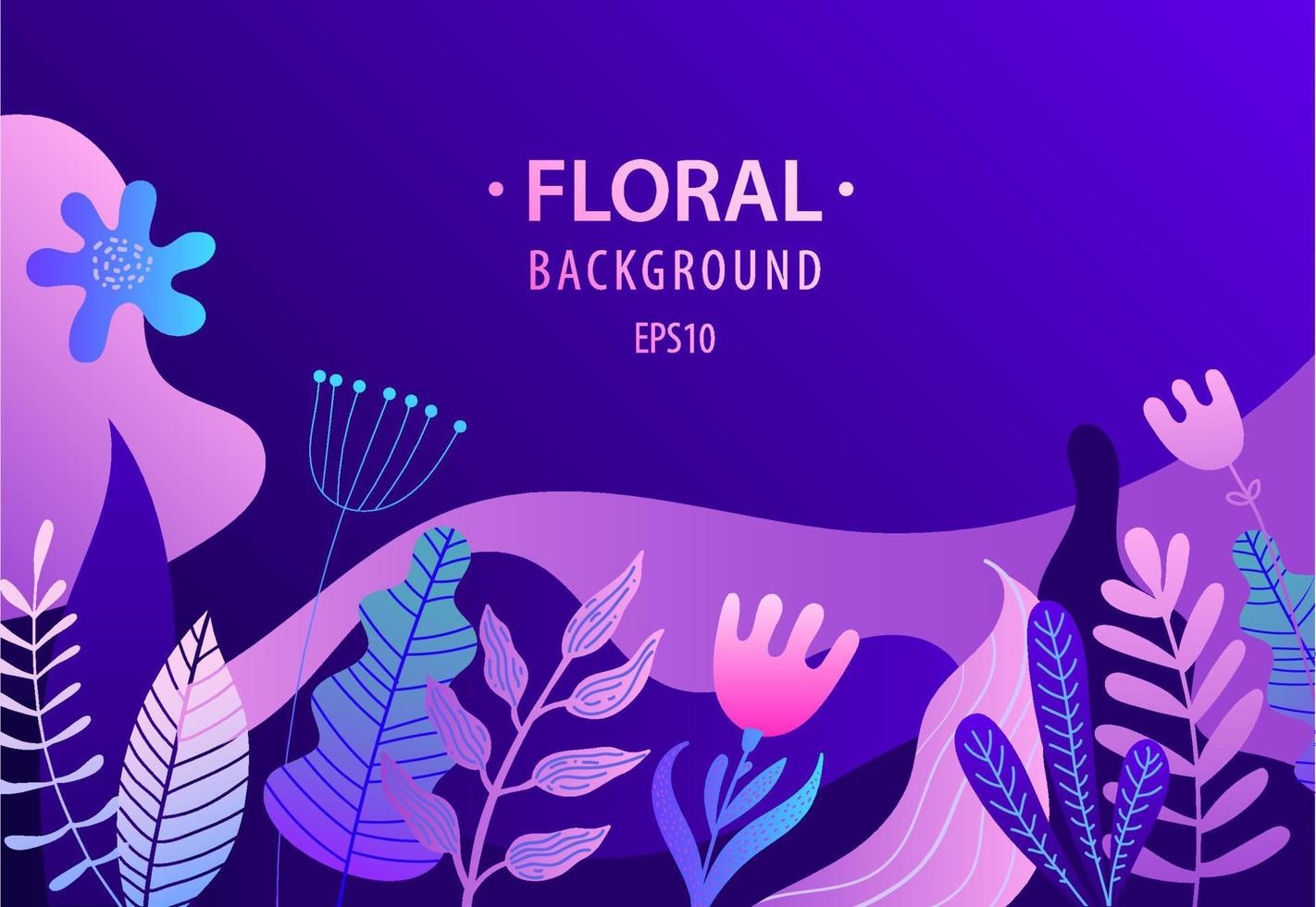 Vector flat illustration, banner with florals, leaves, flowers, sky. Bright vibrant gradient colors, background for web, landing, cosmetics, packaging, posters