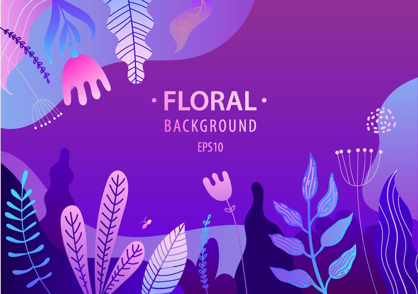 Vector flat illustration, banner with florals, leaves, flowers, sky. Bright vibrant gradient colors, background for web, landing, cosmetics, packaging, posters