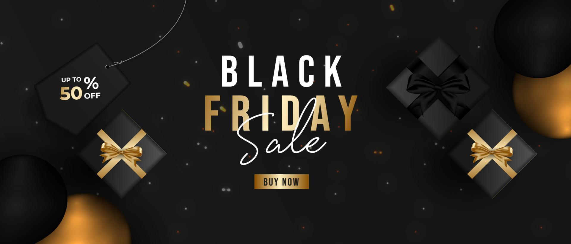 Realistic Black friday sale horizontal banner template with gift box and balloon vector