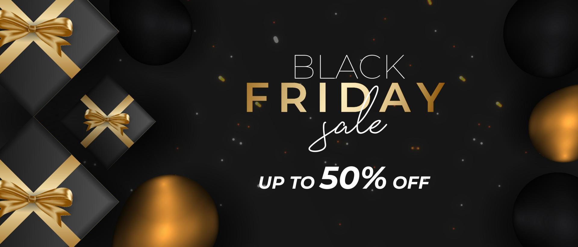 Black friday sale horizontal banner template with gift box and balloon vector
