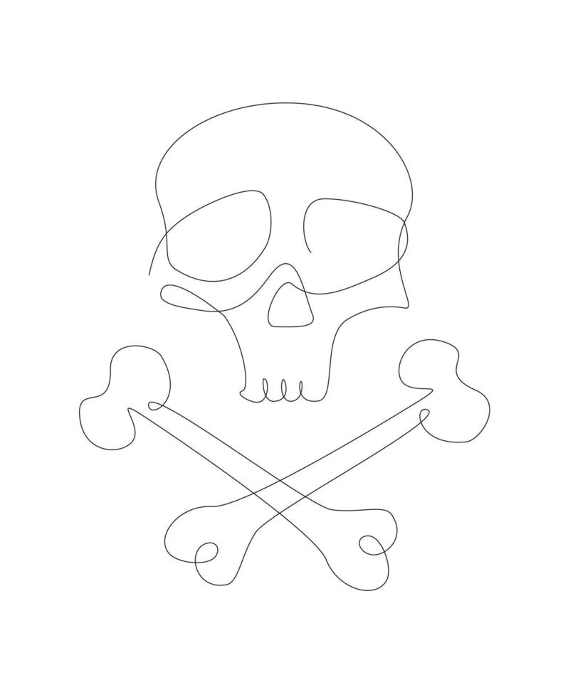 Death head one line symbol Halloween one line skull with bones element. Outline Jolly Roger. vector