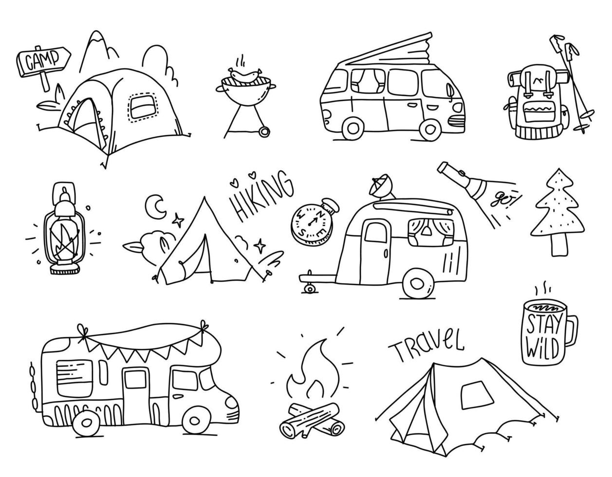 ilustración de senderismo dibujada a mano. juego de garabatos al aire libre para acampar. equipo de aventura salvaje. colección de vectores simples de dibujos animados de navegación y campamento.