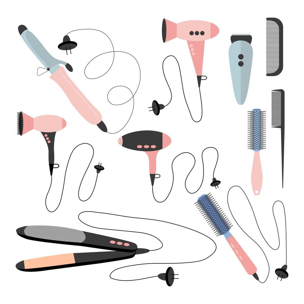 Hair salon electric equipment tools set. Vector hair dryer and styling flat set