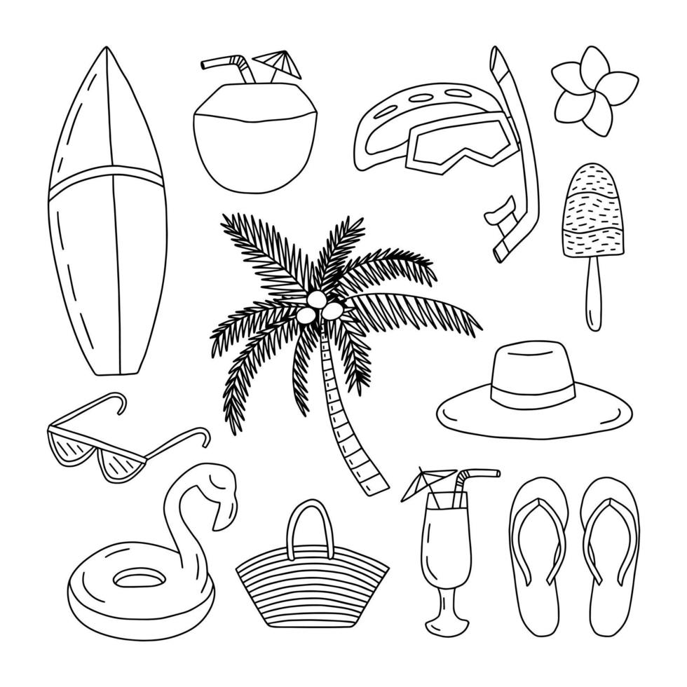 Summer doodle stickers set.  Vector hand drawn summeritems set.