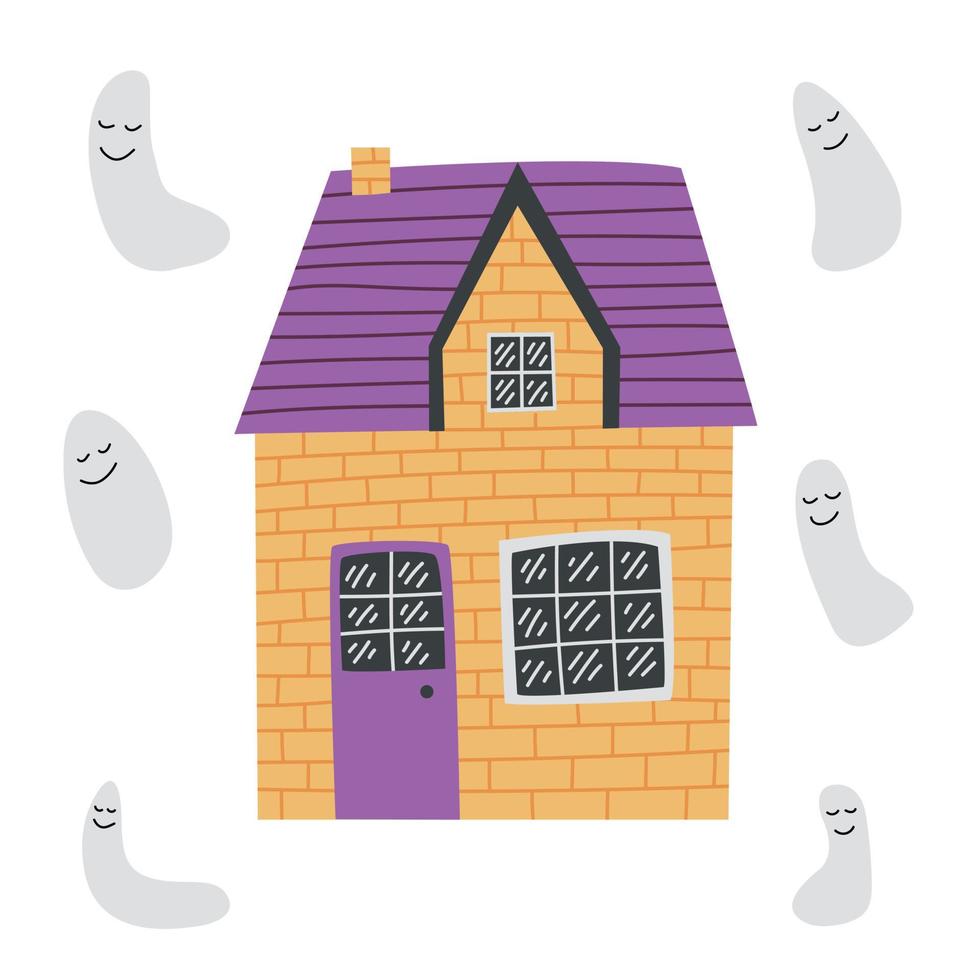 Halloween house with ghosts vector set. Vector cute country house with different ghosts.