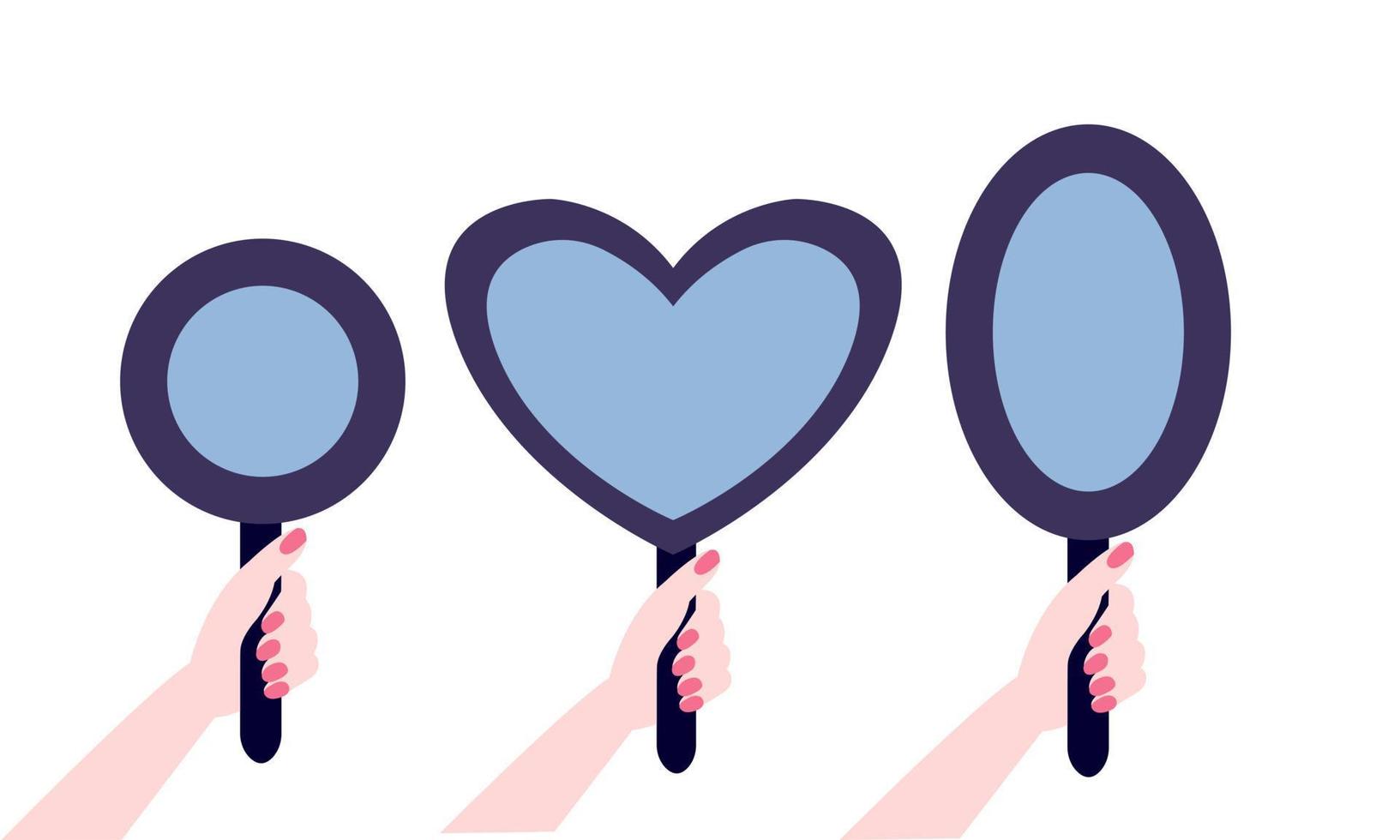 Different shapes of mirror in hands vector flat set. Mirror in women hands vector clip arts.