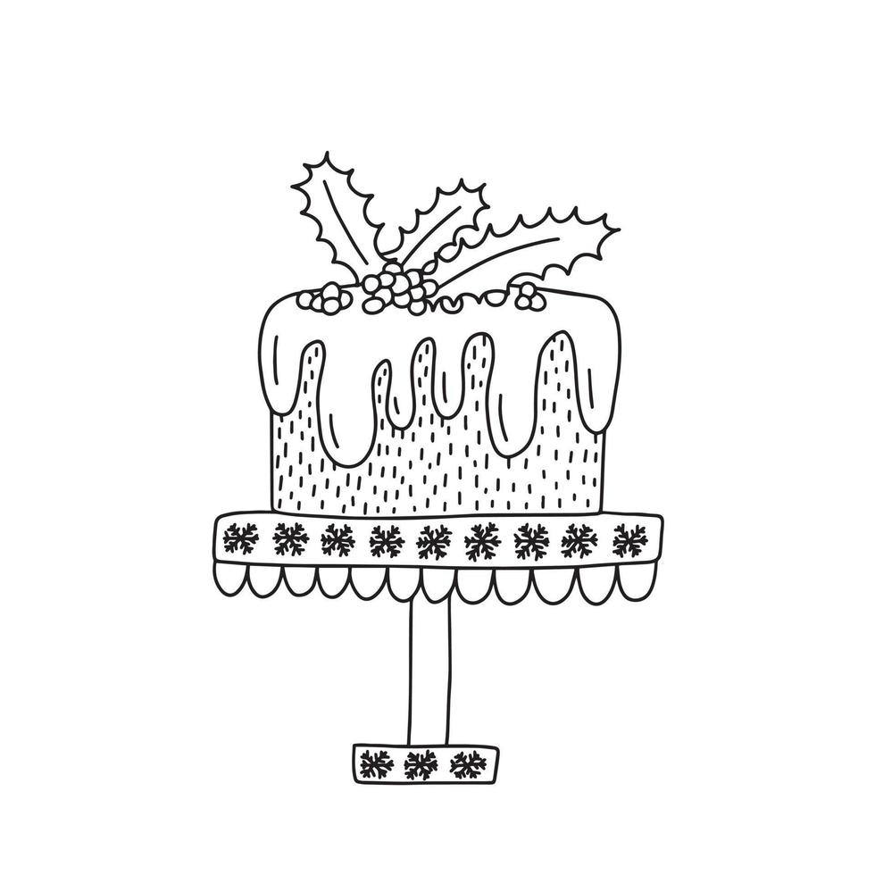 Cristmas round cake vector illustration. Hand drawn Christmas cake with mistletoe decor sketch