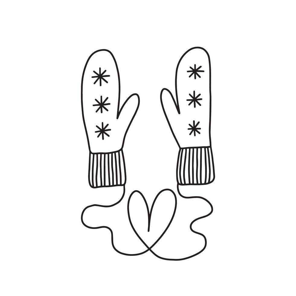 Hand drawn doodle mittens vector illustration. Cute Christmas coloring page with mittens and heart