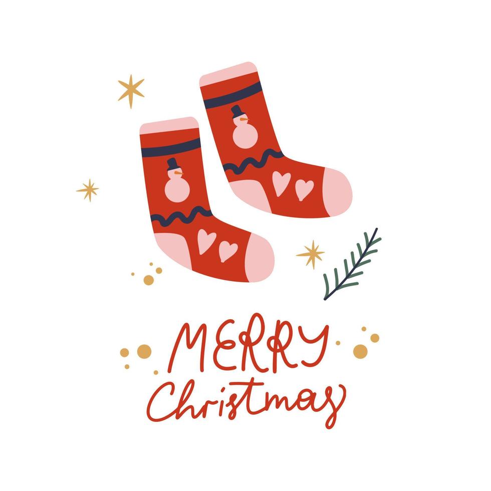 Hand-written lettering Merry Christmas. Happy New Year warm socks. Vector winter cozy card. Isolated vector element.