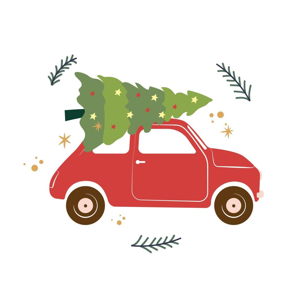 Vector illustration of a retro red car with christmas tree on the top