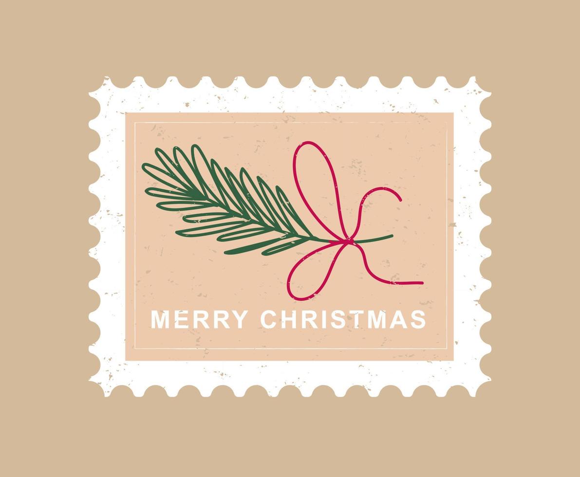 Christmas and Happy New Year postal stamp illustration with tree brunch. Trendy retro style. Vector design template.