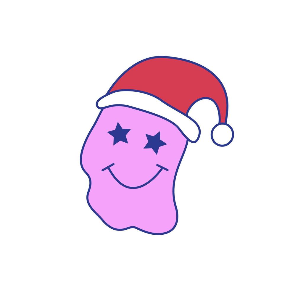 Christmas groovy crazy smile face and Santa hat in 70s retro style. vector