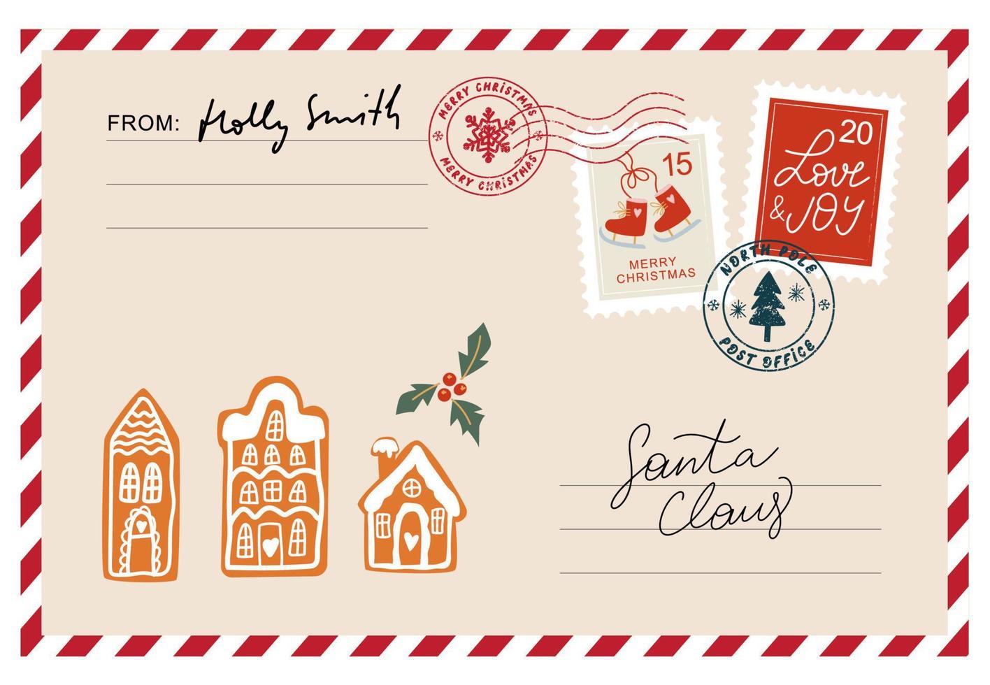 Christmas envelope with stamps, seals, gingerbread houses and inscriptions to Santa Claus. Cute Mail Santa Claus. Letter to Santa Claus. Nice list vector