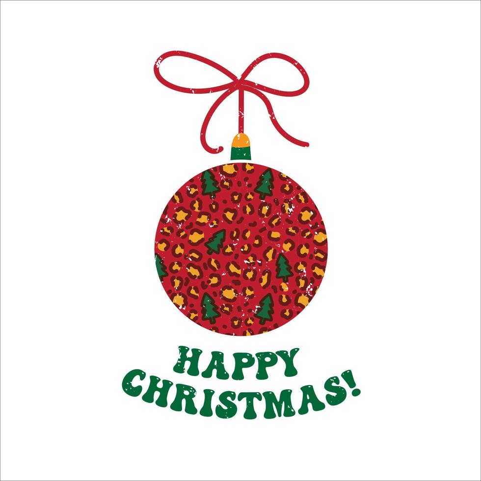 Christmas decoration with funny leopard print. Groovy quote Happy Christmas vector