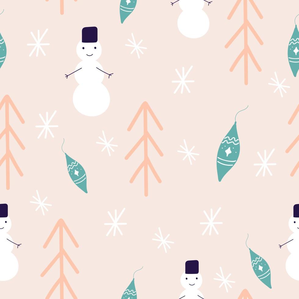 Winter seamless pattern with fir trees, snowman and hand drawn Christmas toy. Surface design for textile, fabric, wallpaper, packaging, gift wrap, paper, scrapbook and packaging. vector
