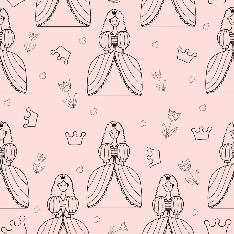 Seamless pattern princess in doodle style on a pink background. vector