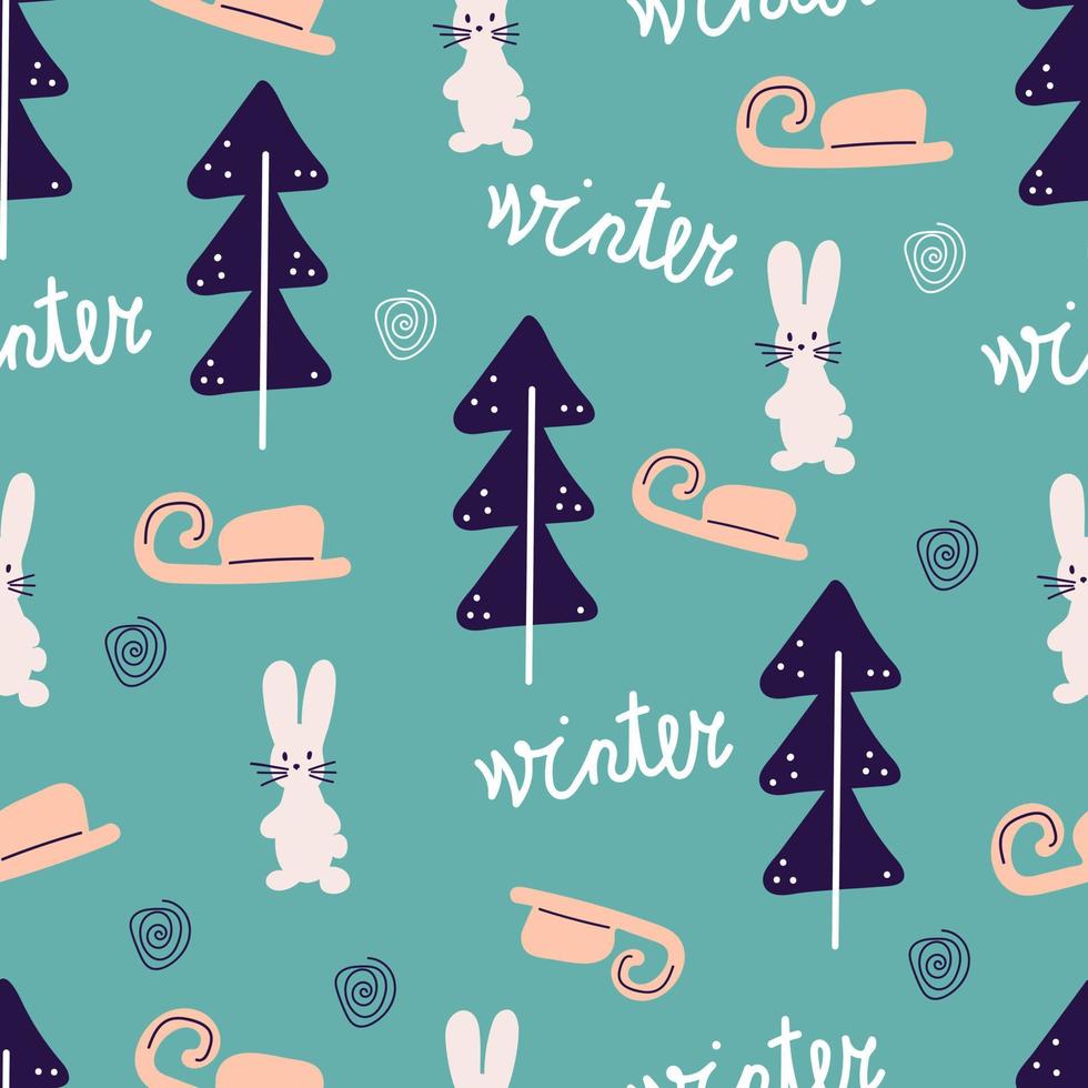 Winter seamless pattern with fir trees, rabbit and sled on a mint background. Surface design for textile, fabric, wallpaper, packaging, gift wrap, paper, scrapbook and packaging. vector