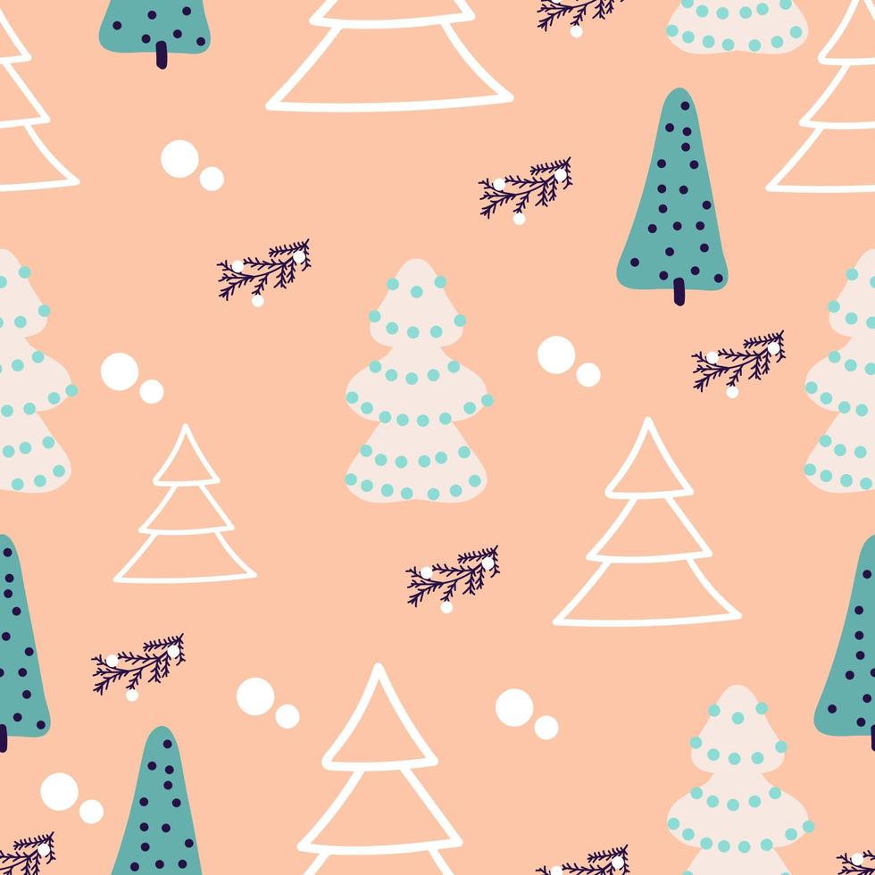 Winter seamless pattern with fir trees, fir branches on a beige background. Surface design for textile, fabric, wallpaper, packaging, gift wrap, paper, scrapbook and packaging. vector
