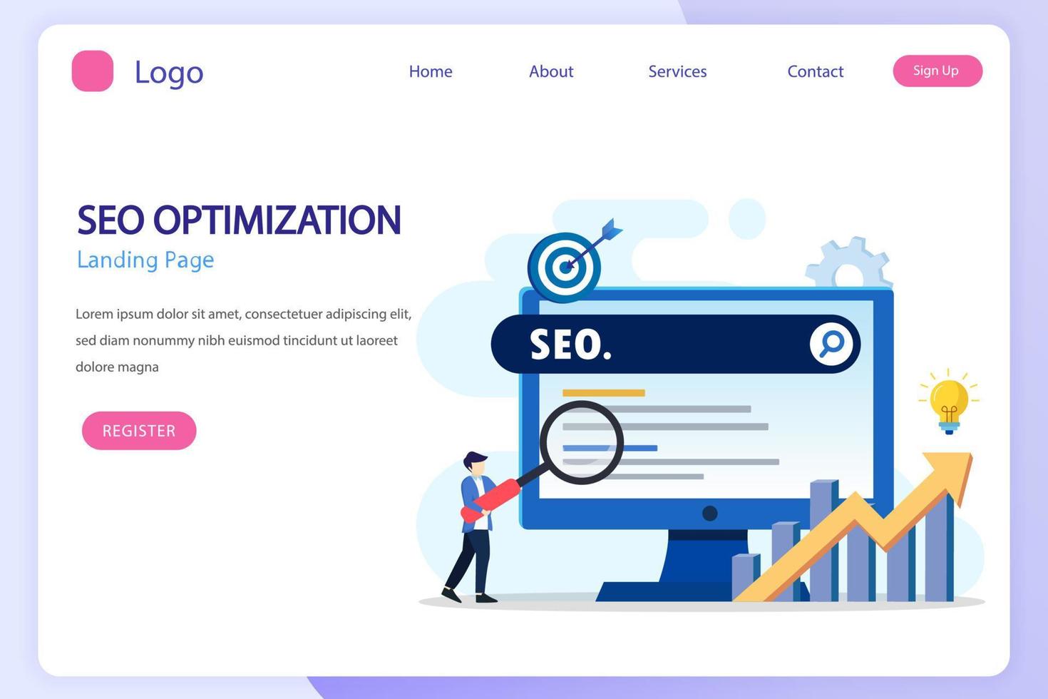 SEO optimization concept, website development, entrepreneur, business web, data analyst, illustration with icons and character. Flat vector template style Suitable for Web Landing Pages.