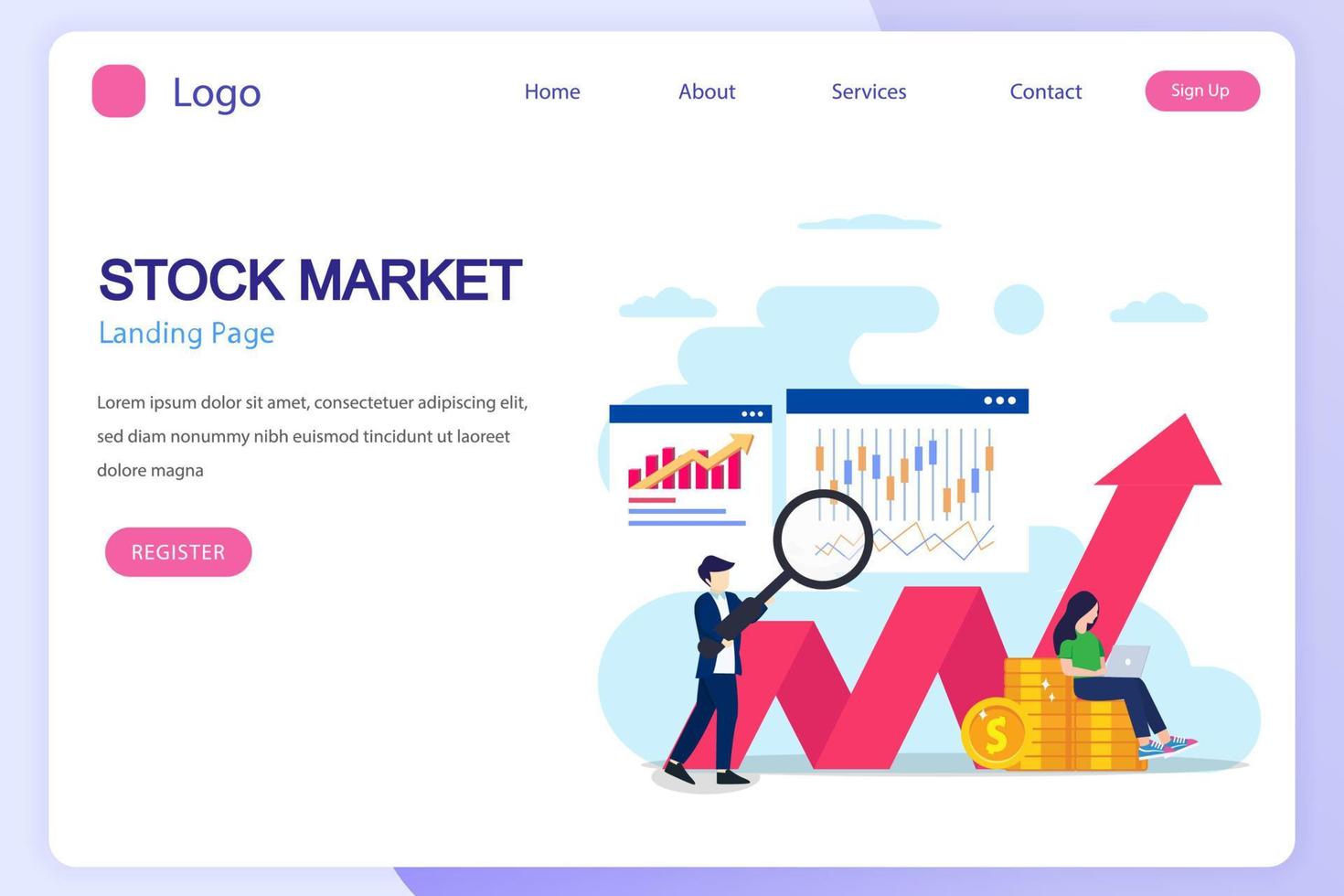 Investing in the Stock Market. People trading stock online, Flat vector template Style Suitable for Web Landing Page.