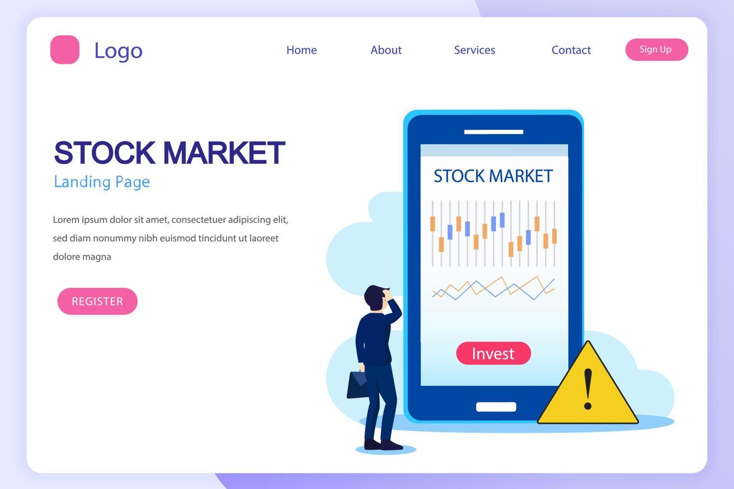 Investing in the Stock Market. People trading stock online, Flat vector template Style Suitable for Web Landing Page.