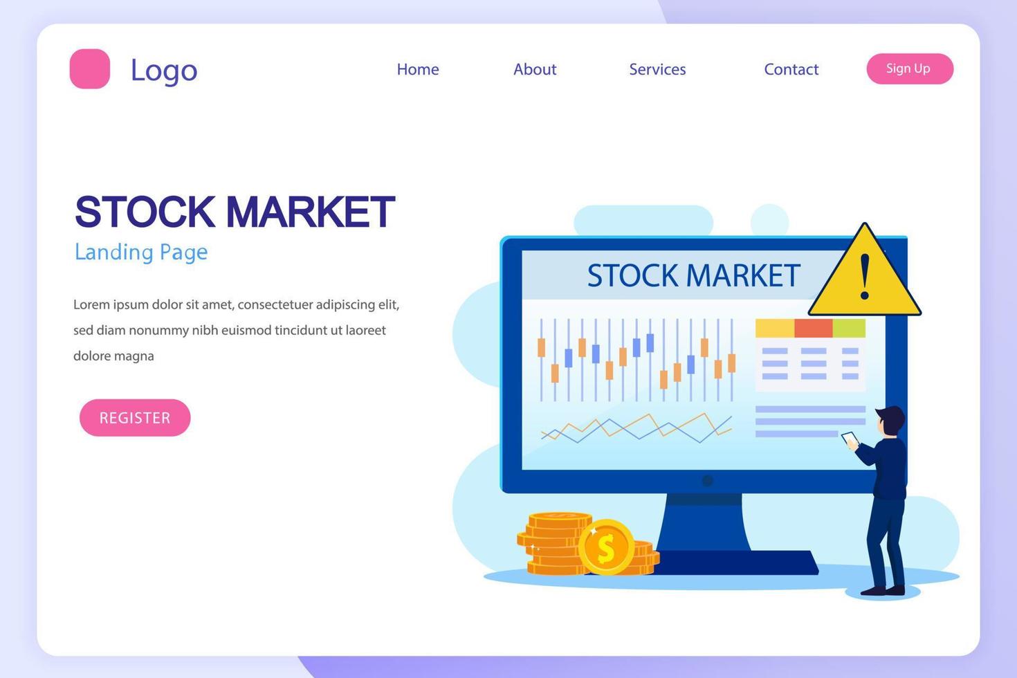 Investing in the Stock Market. People trading stock online, Flat vector template Style Suitable for Web Landing Page.