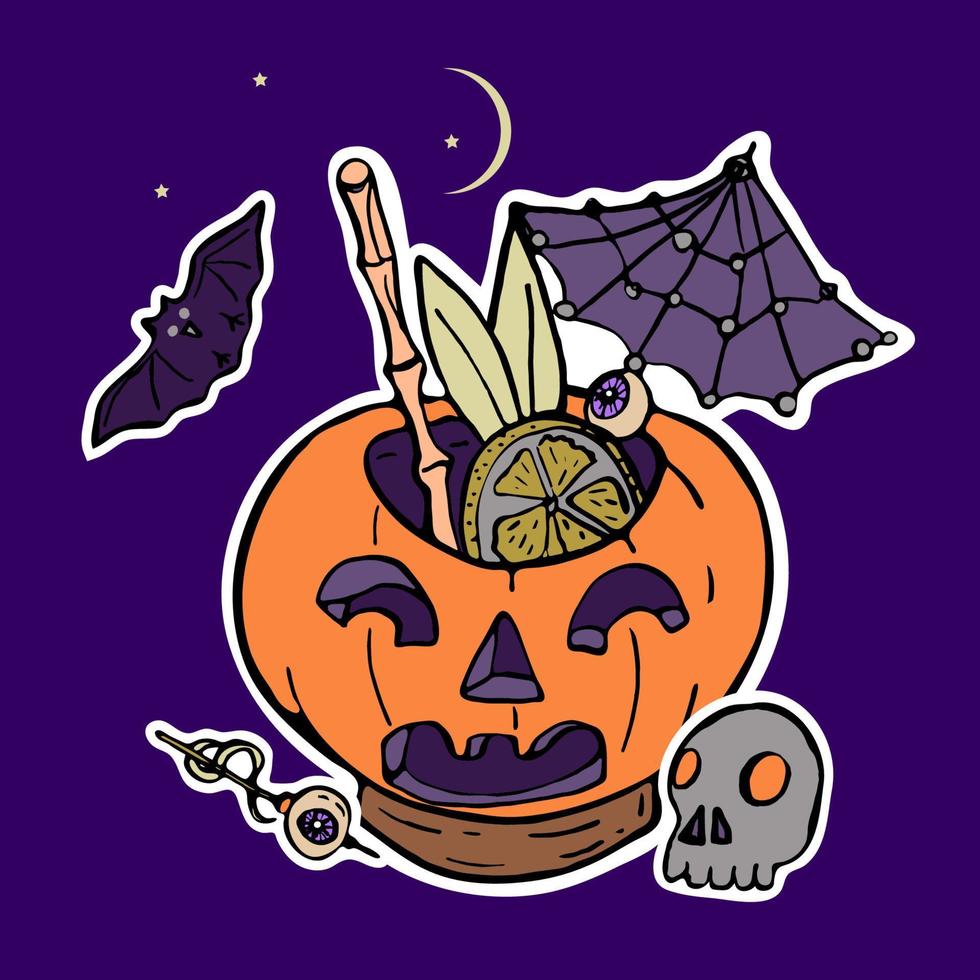 Ilustración de vector de fiesta de Halloween. cóctel con calabazas, murciélago, calavera sobre un fondo morado oscuro.