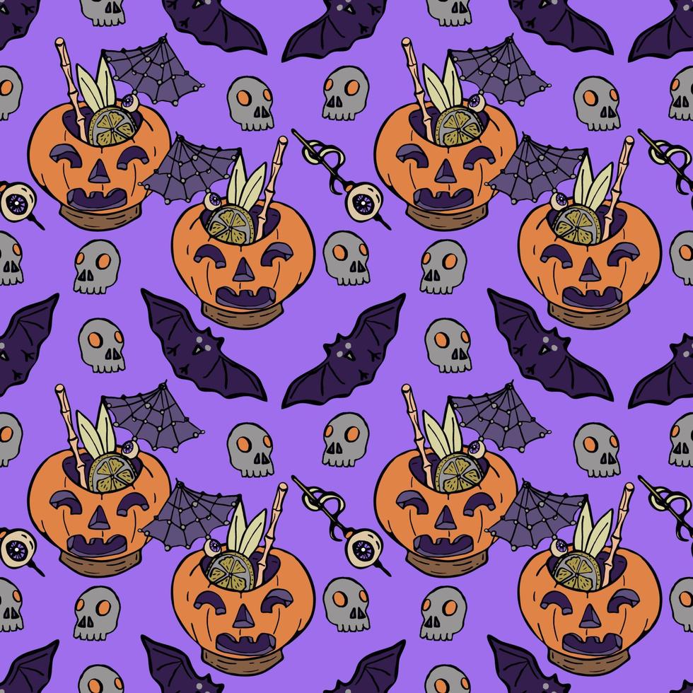 Halloween background. Vector seamless pattern with pumpkins, bats, skulls. Spooky season.