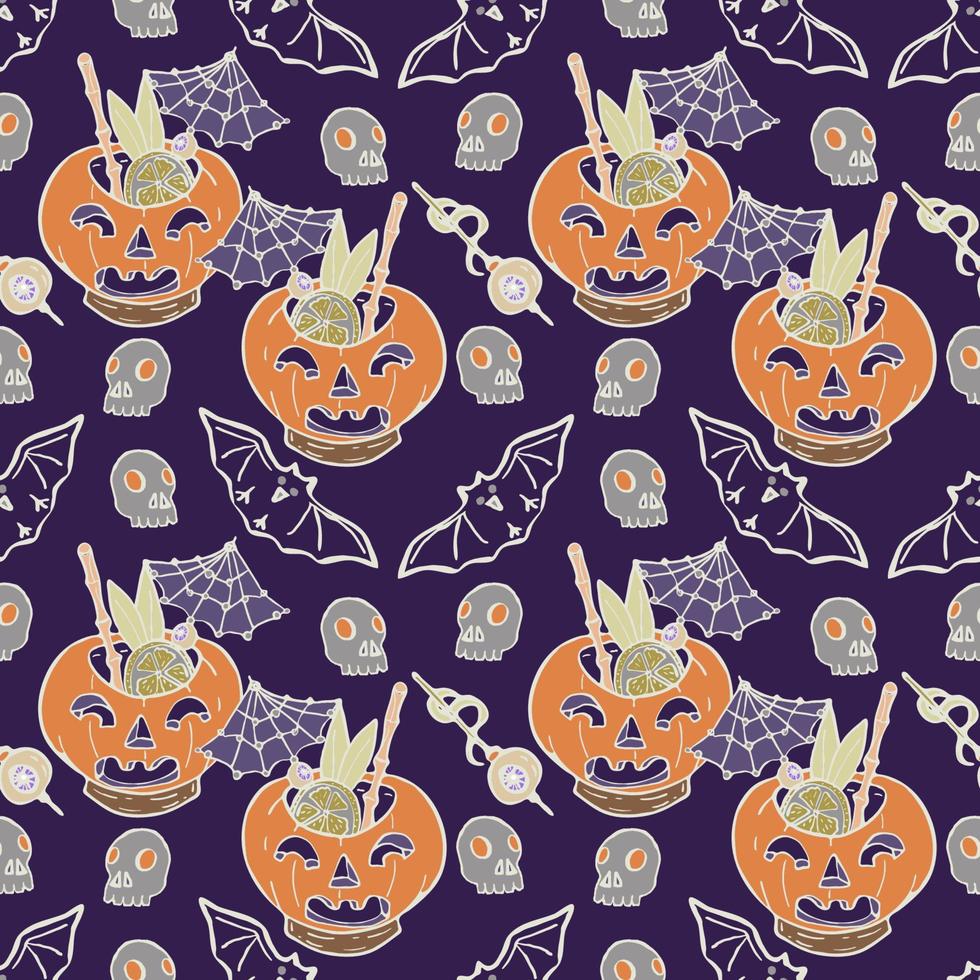 Halloween background. Vector seamless pattern with pumpkins, bats, skulls. Spooky season.