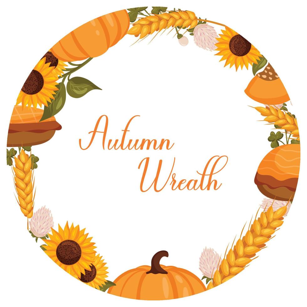 corona de otoño con trigo, calabaza y girasol con espacio para texto. ilustración vectorial fondo blanco aislado. vector