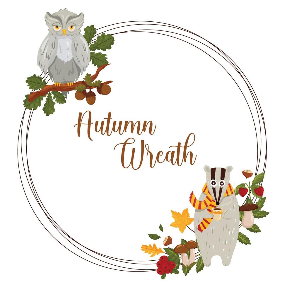 Autumn wreath with forest animals owl and badger, mushrooms, berries and autumn leaves, with space for text. Vector illustration isolated white background.