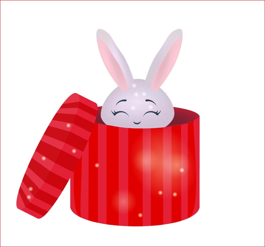 The rabbit sits in a cardboard gift box. Christmas surprise. Merry Christmas and Happy New Year clipart. Rabbit isolated on white background. vector