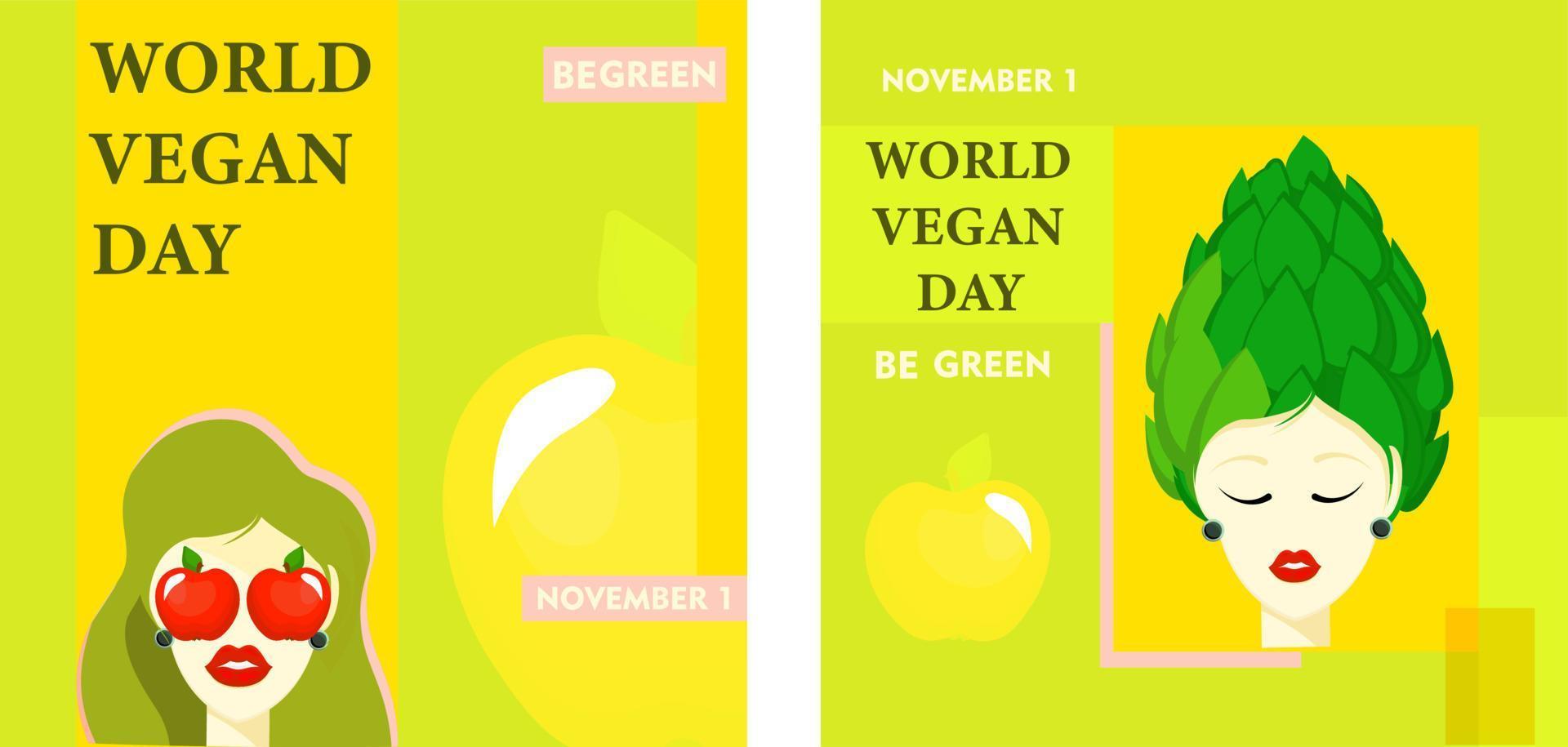 Cool posters for vegan day. Modern trendy banner style for international vegan day. Vegetarianism. vector