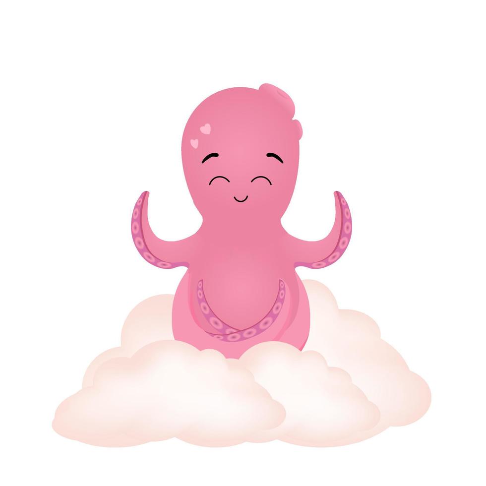 linda impresión de personaje de pulpo infantil. pulpo rosa en una nube. clipart para el diseño de los niños. vector