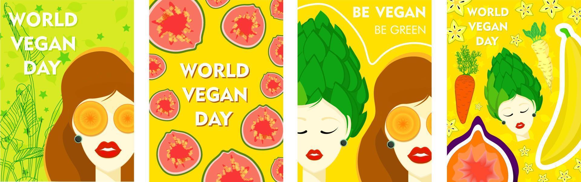 Cool posters for vegan day. Modern trendy banner style for international vegan day. Vegetarianism. vector