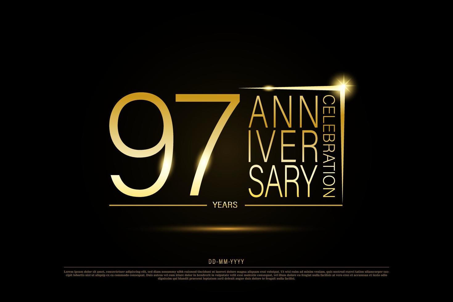 97 years golden anniversary gold logo on black background, vector design for celebration.