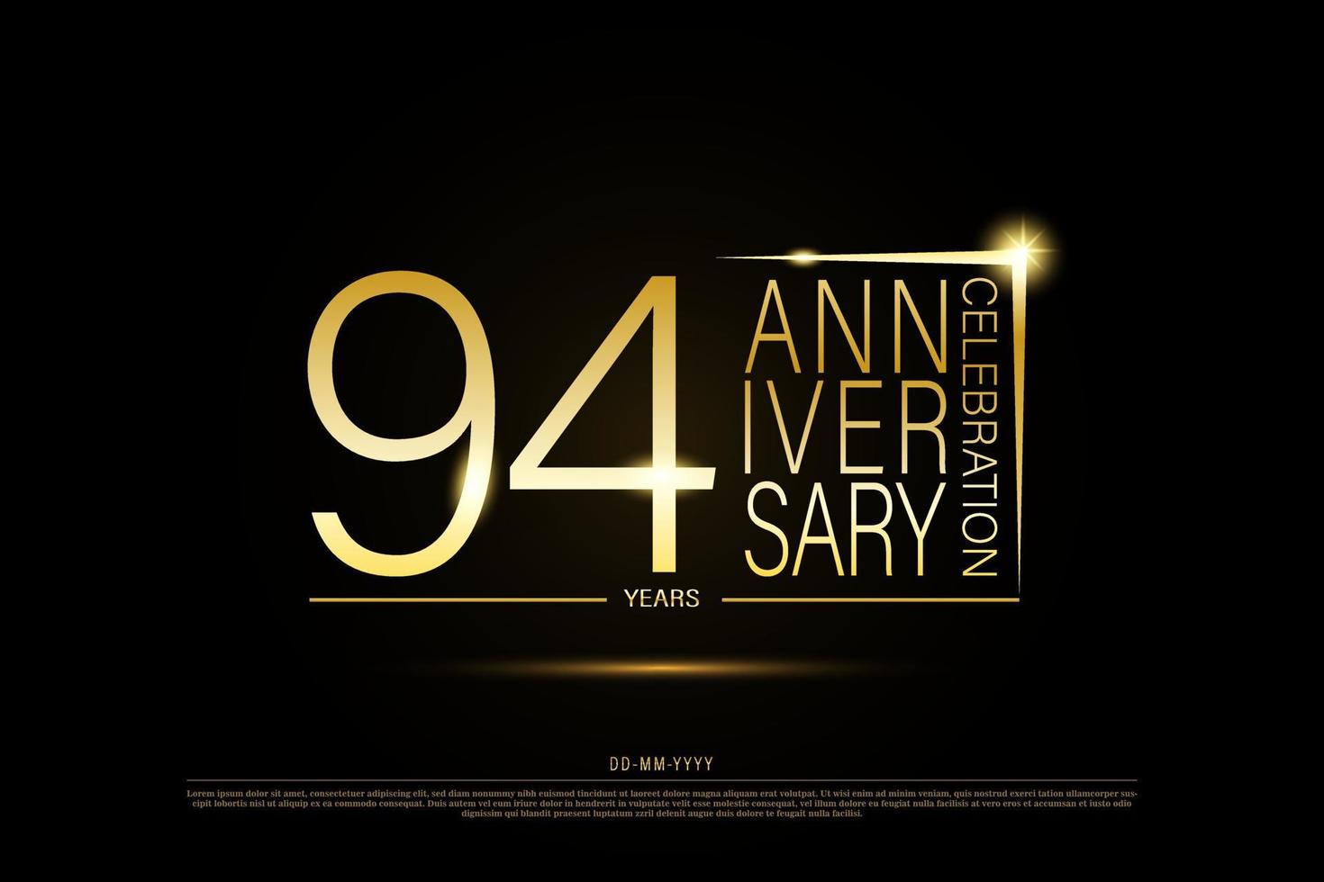 94 years golden anniversary gold logo on black background, vector design for celebration.