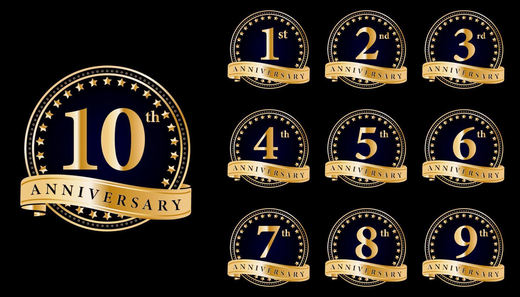 set anniversary golden gold logo with gold ring and ribbon isolated on black background, vector design for celebration. set