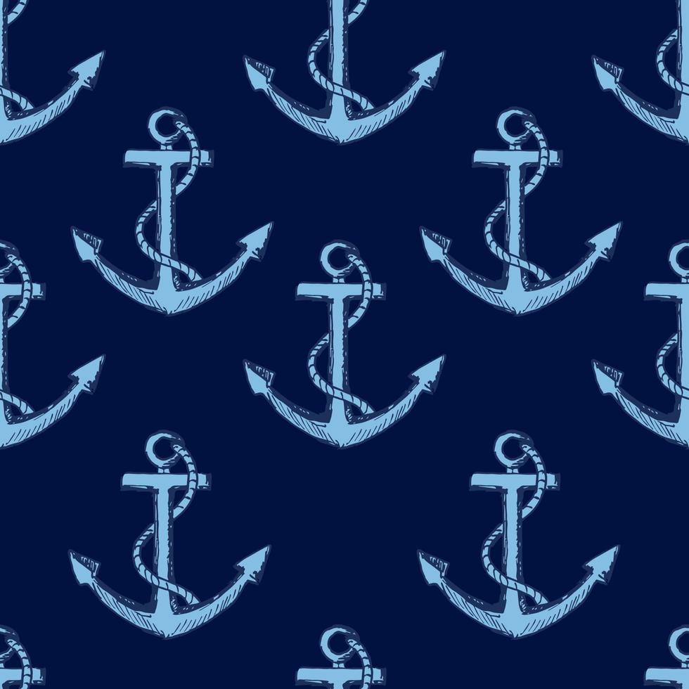 Seamless vector pattern with anchors. Blue outline sketches on dark blue background. Print design in coastal style. Packaging design, wrapping paper, all overprints