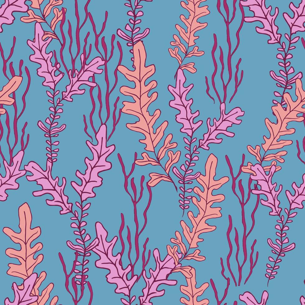 Colorful seamless pattern with underwater plants. Drawing seaweeds in pink color on blue background. Good print for wallpaper, textile, wrapping paper, ceramic tiles. Vector illustration